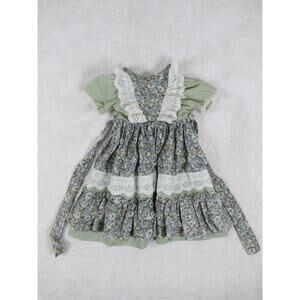 Vintage Sweet 'N Sassy Green Blue Floral Lace Trim Full Circle Dress 1T 12-18M